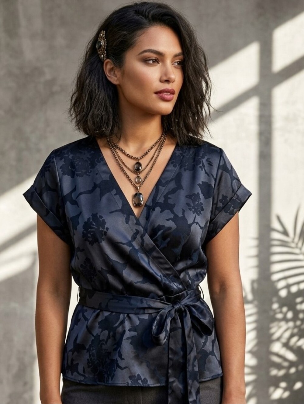 Cato Floral Satin Wrap Top Office Siren Kimono Blouse Black Silver Gray Size L